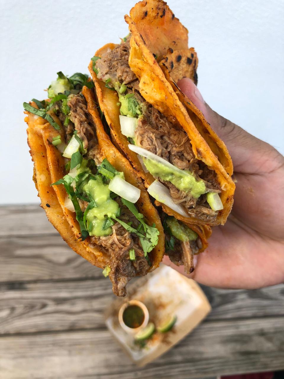 The birria tacos with consome await at Bonitas located in at Grandview Public Market.