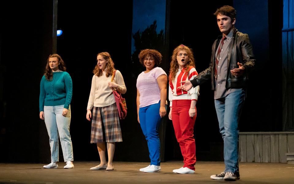 Gabrielle Blondin as Rusty, Aiyanna Fivecoat as Ariel, Anjewel Lenoir as Urleen, Elise Brown as Wendy Jo, and Griffin Yeater as Ren are pictured in a scene from "Footloose" at the Croswell Opera House.