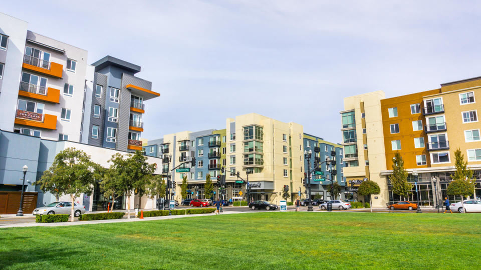 October 29, 2018 Sunnyvale / CA / USA - Urban landscape with newly developed residential buildings in downtown Sunnyvale, south San Francisco bay area, California;.