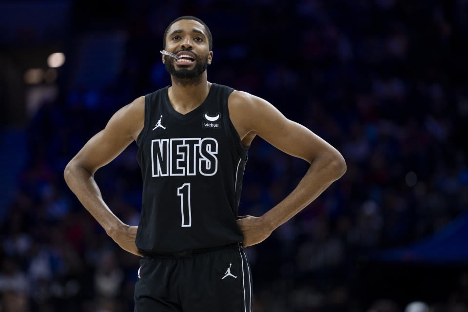 Brooklyn Nets' Mikal Bridges looks on during the second half of an NBA basketball game against the Philadelphia 76ers, Sunday, April 14, 2024, in Philadelphia. (AP Photo/Chris Szagola)