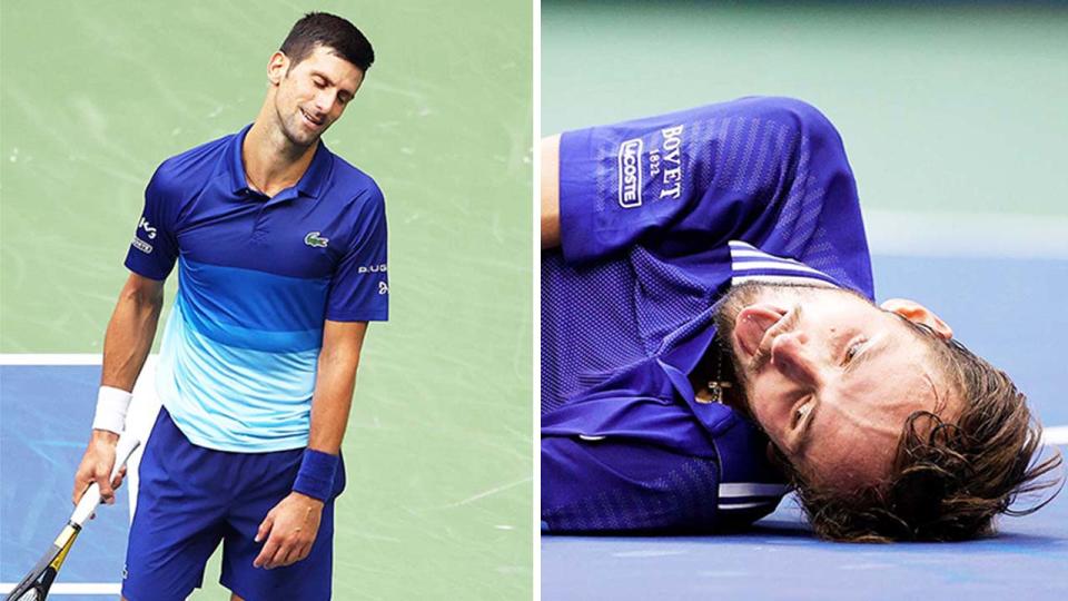 Daniil Medvedev (pictured right) falling to the ground after he defeated Novak Djokovic (pictured left) who looks disappointed in the US Open men's final.