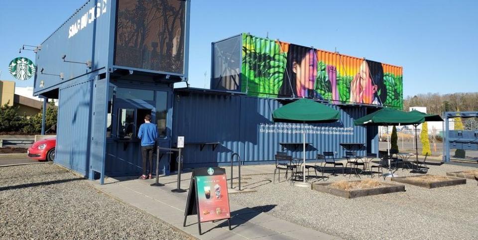 <p><a href="https://www.yelp.com/biz/starbucks-tukwila-4" rel="nofollow noopener" target="_blank" data-ylk="slk:This shipping container, er, Starbucks;elm:context_link;itc:0;sec:content-canvas" class="link ">This shipping container, er, Starbucks</a>, which is actually made of <em>four</em> giant shipping containers, is designed to pay homage to the nearby Seattle shipyards.</p>