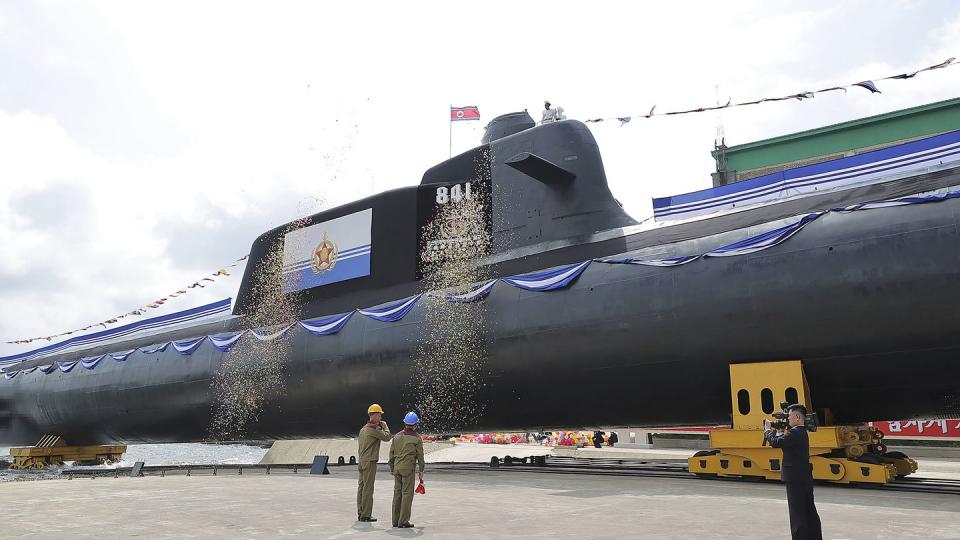 North Korea's new nuclear attack submarine is named Hero Kim Kun Ok. (Korean Central News Agency/Korea News Service via AP)