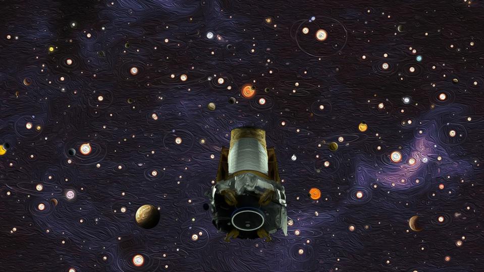 An artist's depiction of the long-lived Kepler space telescope and some of the planets it discovered during its near-decade in space. <cite>NASA</cite>