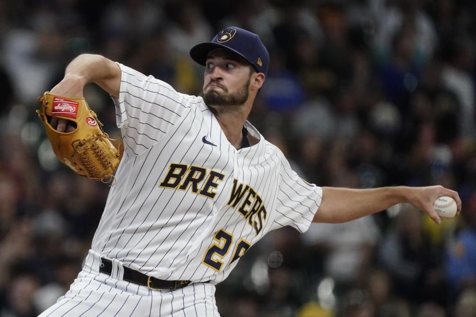 Milwaukee Brewers starting pitcher Aaron Ashby throws during the first inning of a baseball game against the San Diego Padres Saturday, June 4, 2022, in Milwaukee. (AP Photo/Morry Gash)