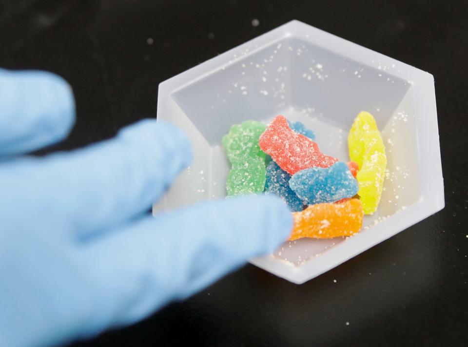Edible marijuana samples are set aside for evaluation at a cannabis testing laboratory in Santa Ana, Calif., on Wednesday, Aug. 22, 2018. The number of young kids, especially toddlers, who accidentally ate marijuana-laced treats rose sharply over five years as pot became legal in more places in the U.S., according to an analysis published Tuesday, Jan. 3, 2022, in the journal Pediatrics.
