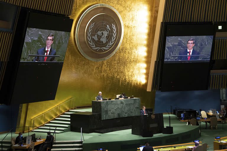 Cuba's Foreign Minister Bruno Rodriguez, addresses the U.N. General Assembly at United Nations headquarters, Wednesday, June 23, 2021. (Eskinder Debebe/United Nations via AP)