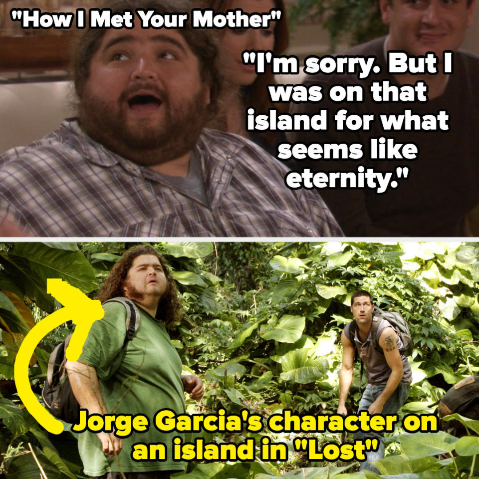 Jorge's character on How I Met Your Mother says "I'm sorry. But I was on that island for what seems like eternity" then there's a photo of him on Lost