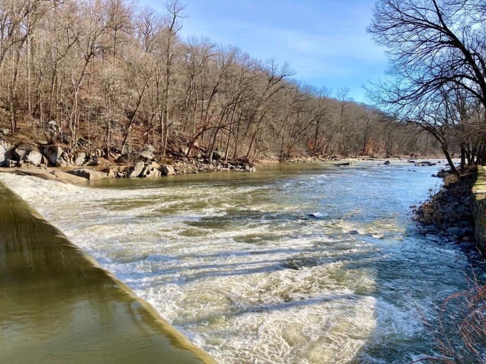 Water from the Brandywine River in Wilmington falls over Dam 5 and rushes downstream in this photo taken on January 12, 2024. Dam removal is being studied as a measure to reduce the threat of flooding of communities located at lower elevations.