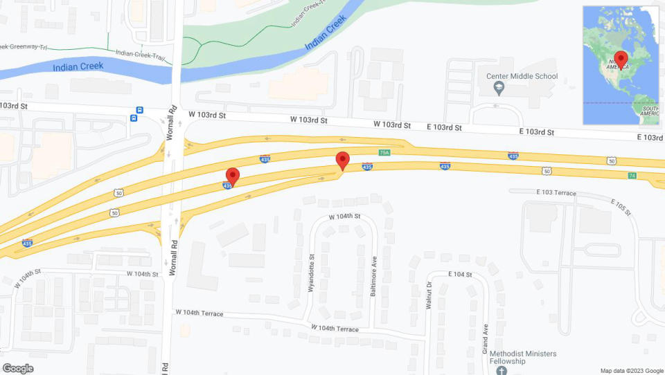 A detailed map that shows the affected road due to 'Broken down vehicle on eastbound I-435 in Kansas City' on December 22nd at 5:42 p.m.