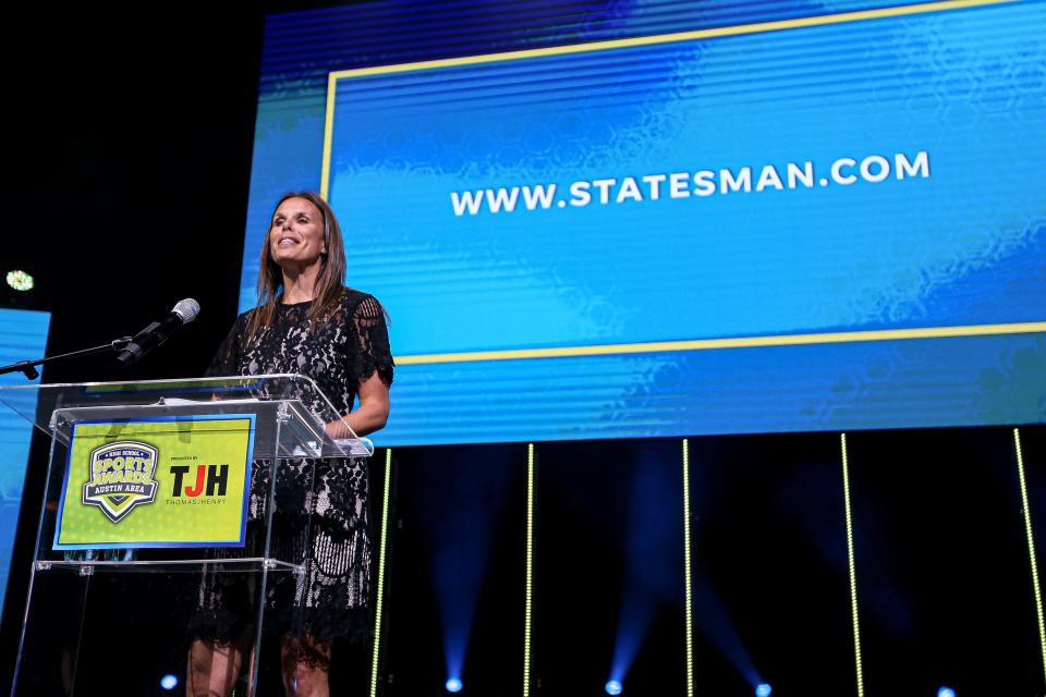 Statesman Vice President of Sales Andrea Vick gives closing remarks at the 2022 Austin Area High School Sports Awards in the Long Center on June 6, 2022.