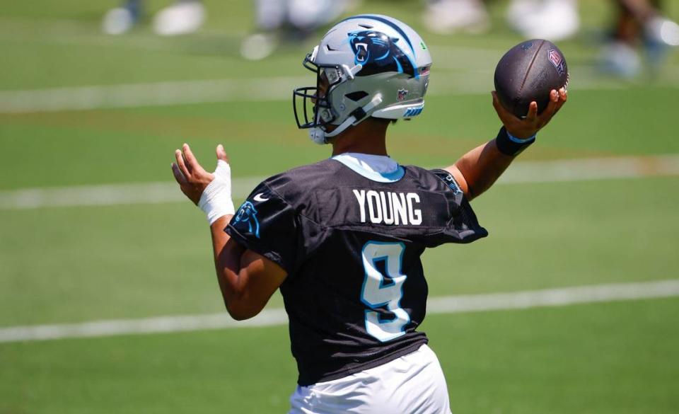 Panthers quarterback Bryce Young (9) throws a pass during minicamp practice in Charlotte, NC on Tuesday, June 11, 2024.