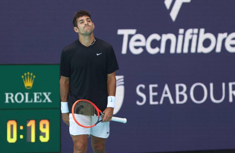 Chilean tennis player Cristian Garin (ranked #82) shows disappointment after losing a point while playing in third round of the men’s singles against Greek tennis player Stefanos Tsitsipas (ranked 3) during the Miami Open at Hard Rock Stadium in Miami Gardens, Florida on Monday, March 27, 2023.