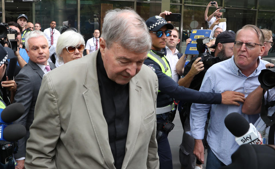 Cardinal George Pell’s legal team will ask for home detention instead of jail after he was convicted of child sex offences. He’s pictured outside court on Tuesday. Source: AAP
