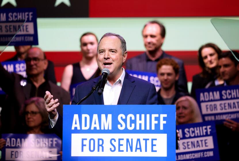 Los Angeles, CA - March 05: Adam Schiff speaks to the crowd during his election night party, replacing the seat left vacated by Sen. Dianne Feinstein, in The Avalon on Tuesday, March 5, 2024 in Los Angeles, CA. (Wally Skalij / Los Angeles Times)