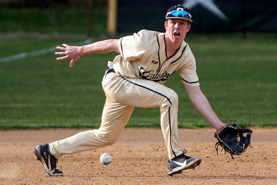 Galesburg senior third baseman Grant Aten preps to make a play in non-conference action against Monmouth-Roseville on Monday, April 11, 2022 at Jim Sundberg Field.