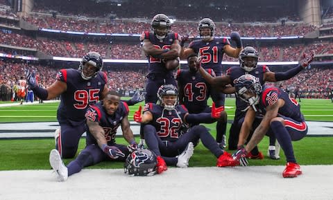 The Houston Texans defense poses after a Houston Texans defensive back Andre Hal (29) interception during the second quarter against the Cleveland Browns a at NRG Stadium - Credit: John Glaser/USA TODAY