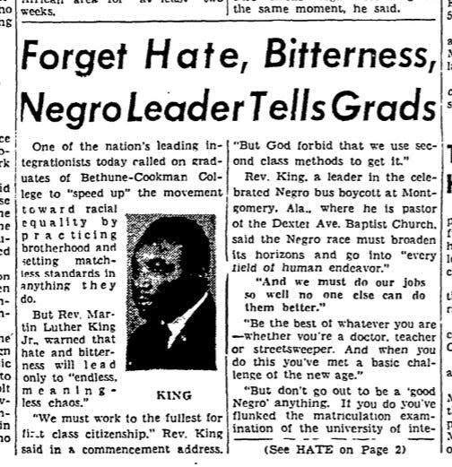 Martin Luther King, Jr., was the commencement speaker in May 1958 at what was then Bethune-Cookman College. On the bottom of the front page of the Daytona Beach Evening News was a story about King's address that day. (Daytona Beach News-Journal archives)