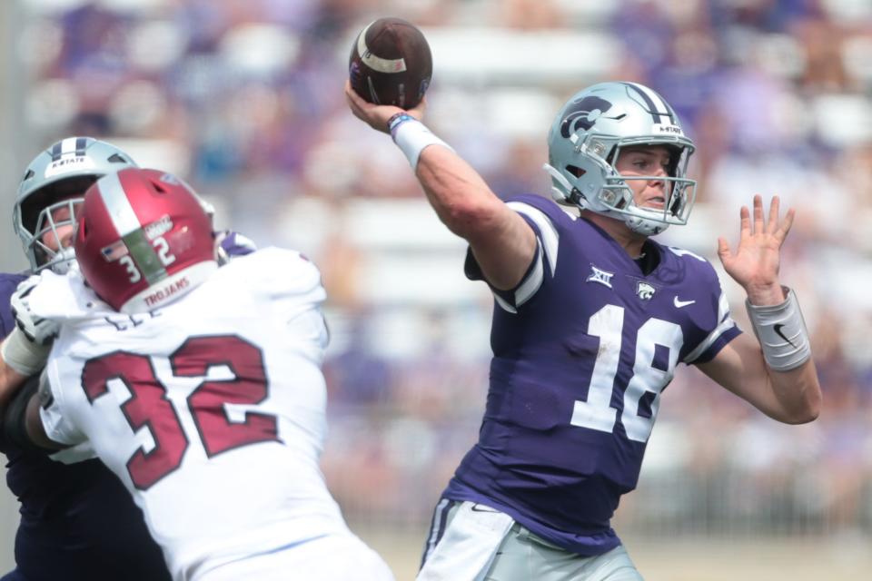 Kansas State senior quarterback Will Howard (18) throws a pass in the third quarter of Saturday's game against Troy inside Bill Snyder Family Stadium.