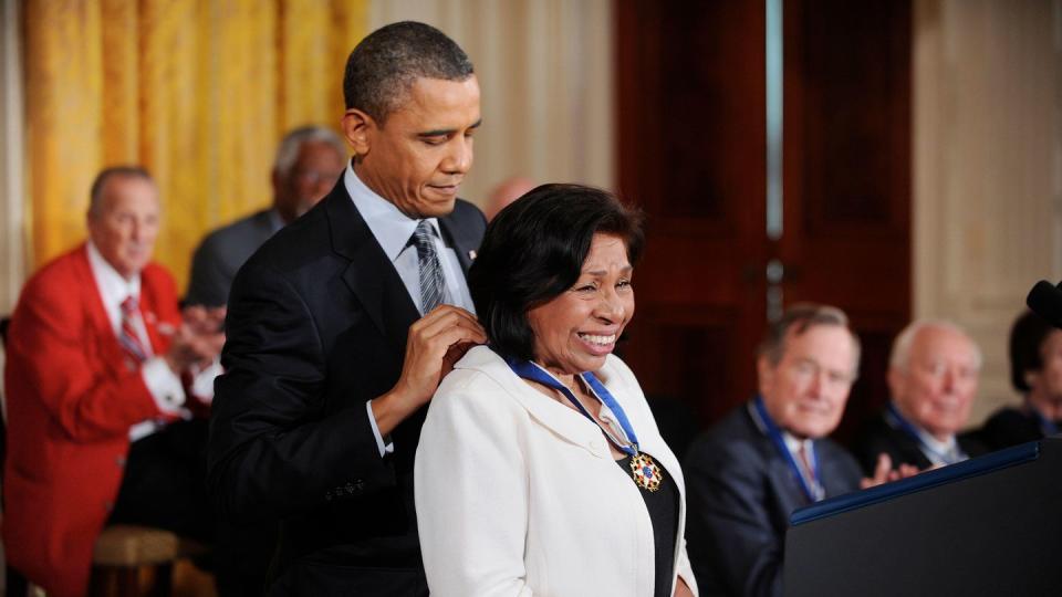 us president barack obama honors sylvia mendez the 2010 medal of freedom in a ceremony of the east room february 15, 2011 at the white house in washington, dc photo by olivier doulieryabacapresscom