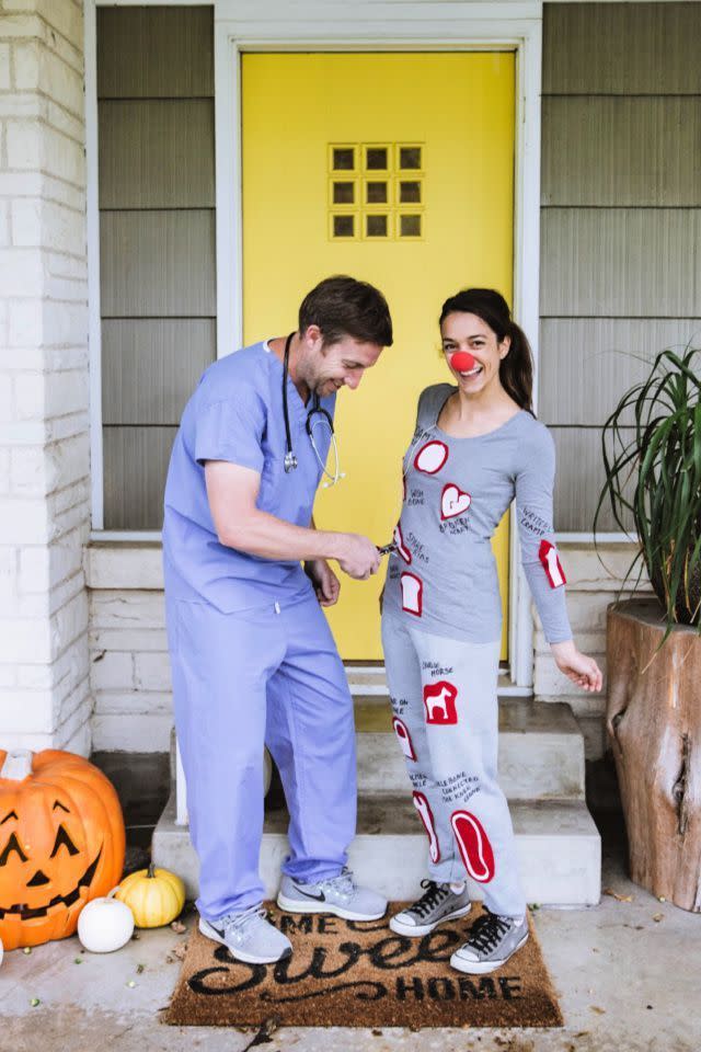 <p>It's time to play doctor: Have your partner dress up as a nurse or surgeon, and then cover an old sweatsuit with felt pieces. Just make sure your other half has a pair of pliers handy, so they can get to work. </p><p><a class="link " href="https://www.amazon.com/Dagacci-Medical-Uniform-Womens-Caribbean/dp/B00FT79AKU/?tag=syn-yahoo-20&ascsubtag=%5Bartid%7C10055.g.2625%5Bsrc%7Cyahoo-us" rel="nofollow noopener" target="_blank" data-ylk="slk:SHOP SCRUBS;elm:context_link;itc:0;sec:content-canvas">SHOP SCRUBS</a></p><p><em><a href="https://www.creatingreallyawesomefunthings.com/operation-costume-diy/" rel="nofollow noopener" target="_blank" data-ylk="slk:Get the tutorial at C.R.A.F.T. »;elm:context_link;itc:0;sec:content-canvas" class="link ">Get the tutorial at C.R.A.F.T. »</a></em></p>