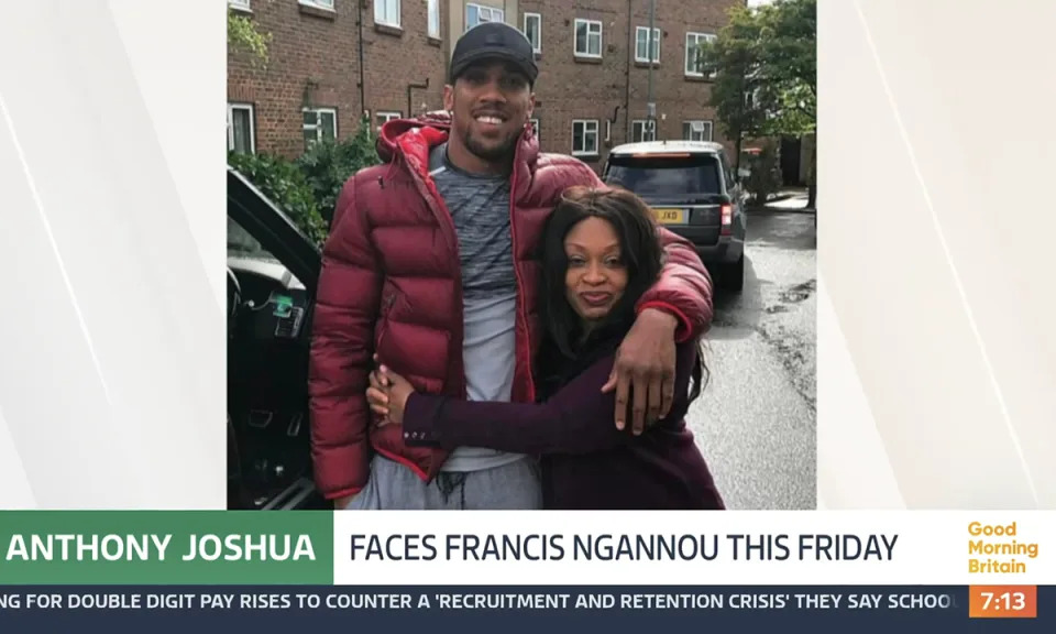 Anthony Joshua with his mum Yeta. (ITV screengrab)