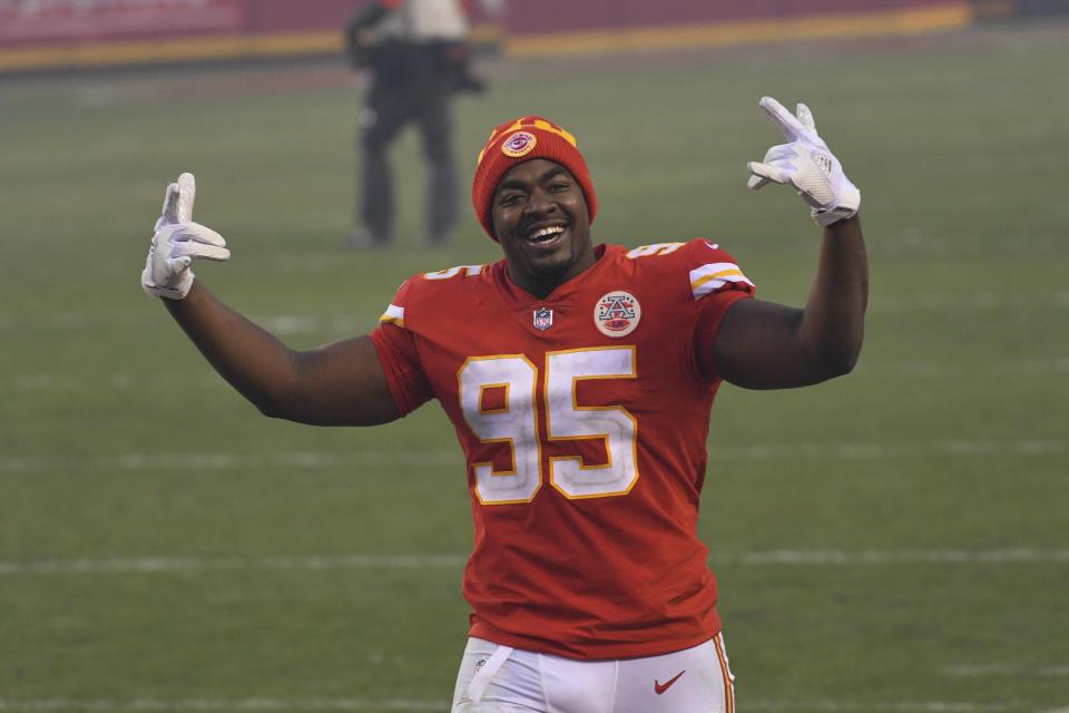 Kansas City Chiefs defensive tackle Chris Jones celebrates after an NFL divisional round football game against the Cleveland Browns, Sunday, Jan. 17, 2021, in Kansas City. The Chiefs won 22-17. (AP Photo/Reed Hoffmann)