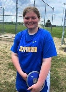 Jefferson's Madison McKinney was Regional champion in the discus Friday, May 20, 2022.