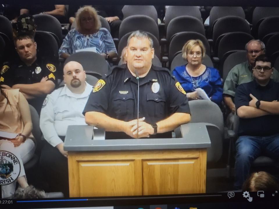 Houma Police Department Chief of Detectives Travis Theriot speaking before the Terrebonne Parish Council, Tuesday night. Travis has been selected by Parish President Gordy Dove to replace former Police Chief Dana Coleman who retired Feb. 28.