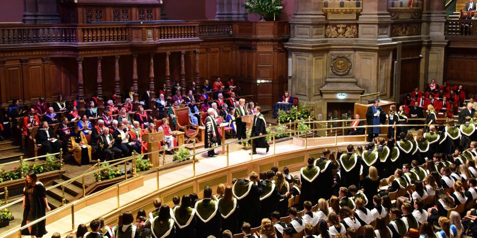 EDINBURGH, SCOTLAND - JULY 03: The first graduation ceremony in Edinburgh University's McEwan Hall as it opens after a two-year, £33 million restoration, on July 3, 2017 in Edinburgh, Scotland. The McEwan Hall has been the traditional venue for Edinburgh University graduations for more than a century. (Photo by Ken Jack - Corbis/Corbis via Getty Images)