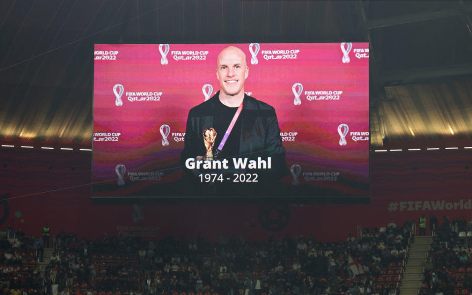 US Journalist Grant Wahl’s tribute at Qatar. Photo by Richard Sellers/Getty Images