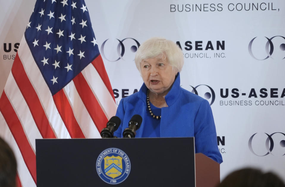 U.S. Treasury Secretary Janet Yellen delivers a speech in Hanoi, Vietnam on Friday, Jul. 21, 2023. Yellen has concluded her visit to Vietnam, the last of her stop to promote stronger ties with Asian countries where U.S. companies are investing in manufacturing as they seek to balance risks in China. (AP Photo/Hau Dinh)