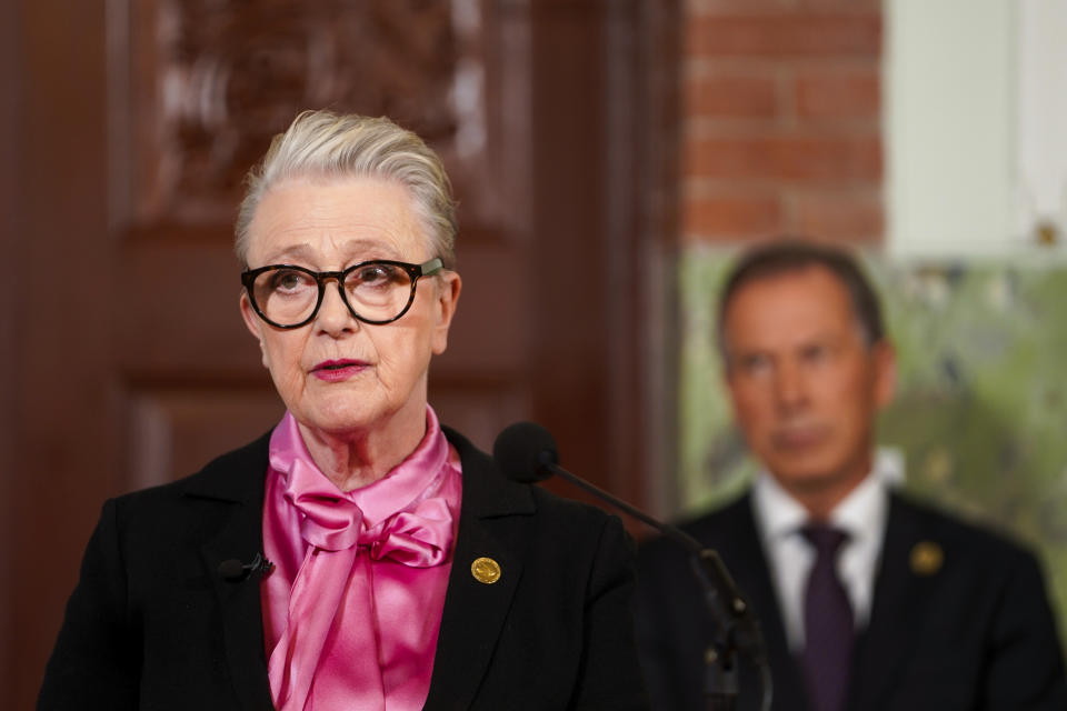 The head of the Nobel Peace Prize, Berit Reiss-Andersen, announce the Peace Prize for 2023 in Oslo, Friday, Oct. 6, 2023. Nobel Peace Prize was awarded to Narges Mohammadi for fighting oppression of women in Iran. (Terje Pedersen/NTB Scanpix via AP)