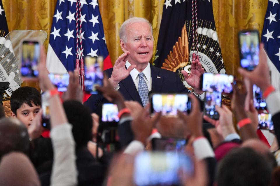 President Joe Biden speaks during an Eid al-Fitr reception in the East Room of the White House in Washington, DC, on May 2, 2022.
