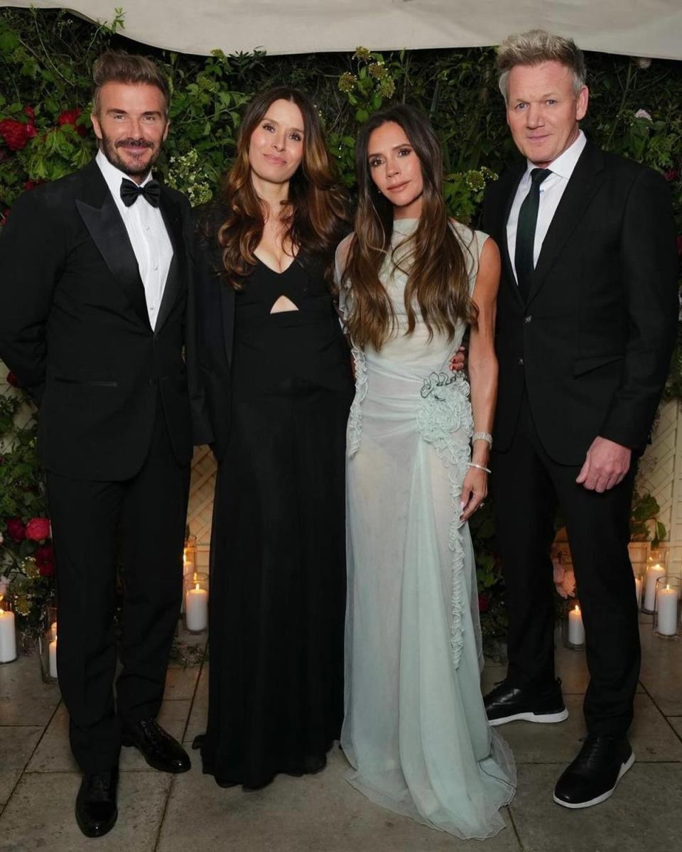 Victoria Beckham poses with her husband David Backham, and guests Gordon and Tana Ramsay during her 50th Birthday bash (Instagram / Victoria Beckham)