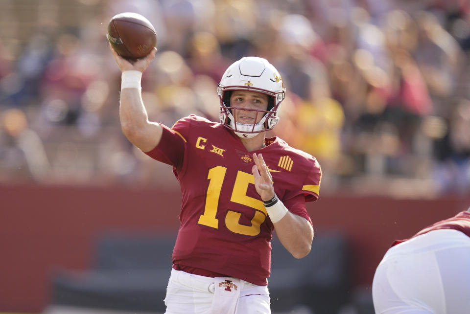 Iowa State quarterback Brock Purdy throws a pass during the first half of an NCAA college football game against Texas Tech, Saturday, Oct. 10, 2020, in Ames, Iowa. (AP Photo/Charlie Neibergall)