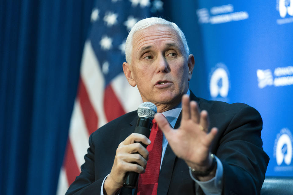 Former Vice President Mike Pence speaks about abortion ahead of oral arguments in Dobbs v. Jackson Women's Health Organization, at the National Press Club in Washington, Tuesday, Nov. 30, 2021. (AP Photo/Manuel Balce Ceneta)