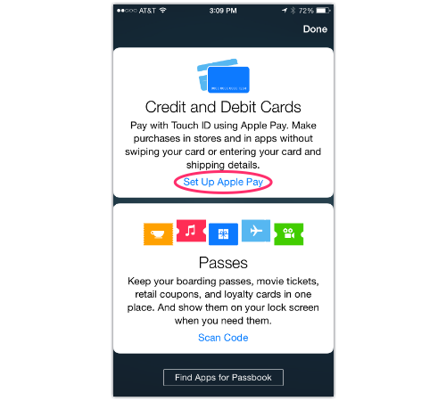 Set Up Apple Pay screen in Passbook app