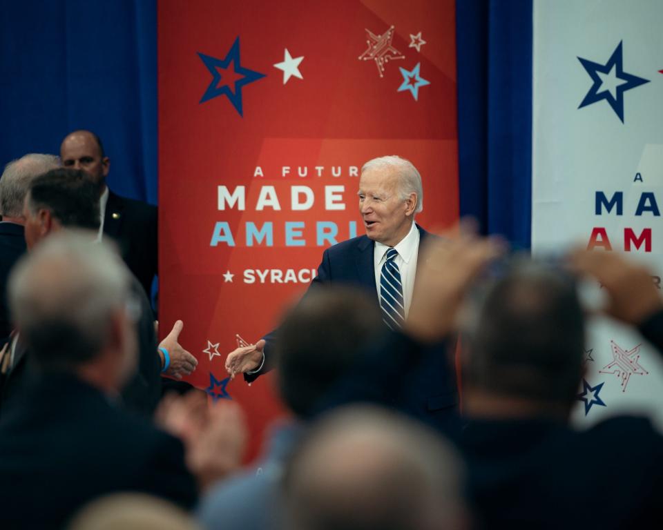 President Joe Biden takes the stage at Onondaga Community College in Syracuse, N.Y., on Thursday, Oct. 27, 2022. He was there to tout Micron Technology's commitment to invest $100 billion in a Syracuse area semiconductor facility.