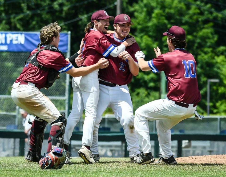 Spaulding baseball celebrates its first championship since 1990 after a 4-2 win over Lyndon at Centennial Field on June 11.