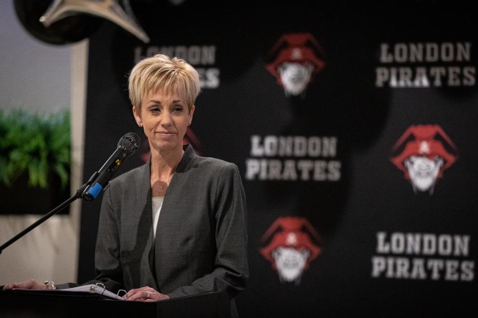 In this archive photo, London ISD Superintendent Judi Whitis gives the 2023 State of the District address.
(Credit: Angela Piazza/Caller-Times)