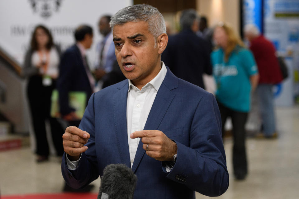 BRIGHTON, ENGLAND - SEPTEMBER 22: London Mayor Sadiq Khan is interviewed by the media on the second day of the Labour Party conference on September 22, 2019 in Brighton, England. Labour return to Brighton for the 2019 conference against a backdrop of political turmoil over Brexit. (Photo by Leon Neal/Getty Images)