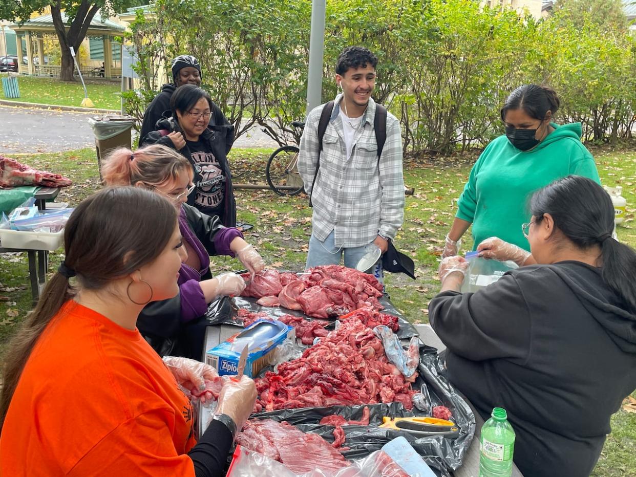 Cree, Mohawk, Mi'kmaq and non-Indigenous students butchered a moose at Dawson College on Oct. 24.  (Vanna Blacksmith/CBC - image credit)