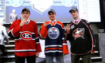 PITTSBURGH, PA - JUNE 22: (L-R) Third overall pick by the Montreal Canadiens Alex Galchenyuk, first overall pick by the Edmonton Oilers Nail Yakupov and second overall pick by the Columbus Blue Jackets Ryan Murray pose during Round One of the 2012 NHL Entry Draft at Consol Energy Center on June 22, 2012 in Pittsburgh, Pennsylvania. (Photo by Bruce Bennett/Getty Images)