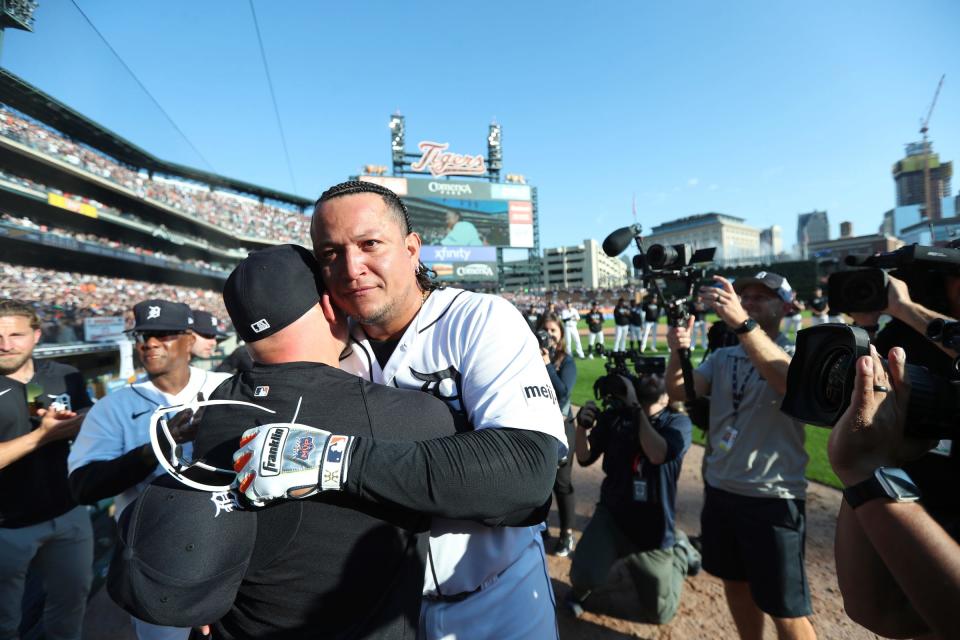 Detroit Tigers designated hitter Miguel Cabrera leaves the game in tears for the last time as a Tiger on Sunday, Oct. 1, 2023.