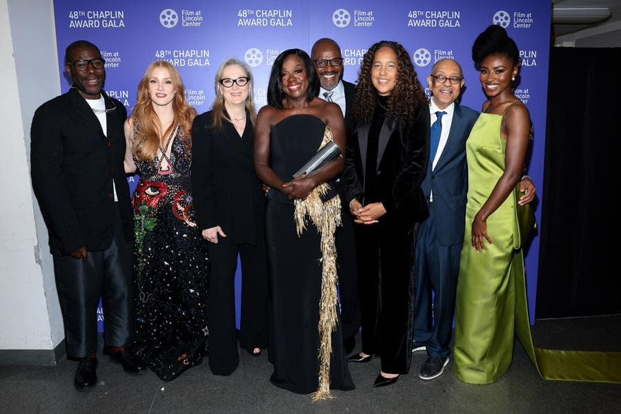 (Left to Right) Steve McQueen, Jessica Chastain, Meryl Streep, Julius Tennon, Viola Davis, Gina Prince-Bythewood, George C. Wolfe and Jayme Lawson celebrate the 2023 Chaplin Award Gala honoring Viola Davis at Alice Tully Hall, Lincoln Center in New York City. (Dimitrios Kambouris/Getty Images for FLC)