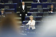 Germany's Ursula von der Leyen delivers her speech at the European Parliament in Strasbourg, eastern France, Tuesday July 16, 2019. Ursula von der Leyen outlined her vision and plans as Commission President. The vote, held by secret paper ballot, will take place later today. (AP Photo/Jean-Francois Badias)