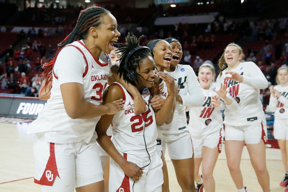 OU's Madi Williams (25) is mobbed by teammates as she is interviewed after the Sooners beat IUPUI 78-72 in the first round of the NCAA Tournament on Saturday in Norman.
