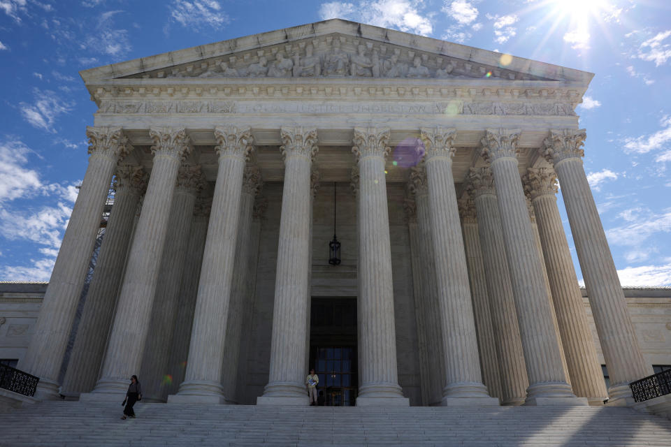 The U.S. Supreme Court building, viewed from the base of the front steps.