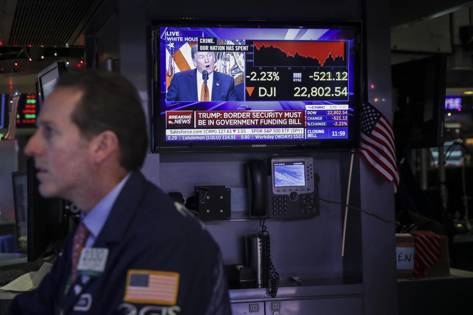 NEW YORK, NY - DECEMBER 20: President Donald Trump is displayed on a monitor as a trader works at his desk ahead of the closing bell on the floor to he New York Stock Exchange (NYSE), December 20, 2018 in New York City. The Dow Jones industrial average continued its tumultuous week, closing down over 460 points on Thursday, one day after the Federal Reserve raised the interest rate. (Photo by Drew Angerer/Getty Images)